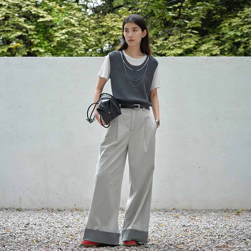 阿依莲【商场同款】假两件短袖针织衫女夏季2025新款洋气薄款宽松上衣 灰茉莉 均码