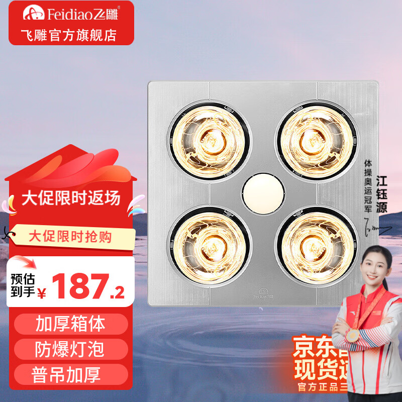 飞雕（FEIDIAO）浴霸 安全灯暖 多功能浴霸 卫生间浴室适用 E款-普吊加厚（取暖+照明+换气）