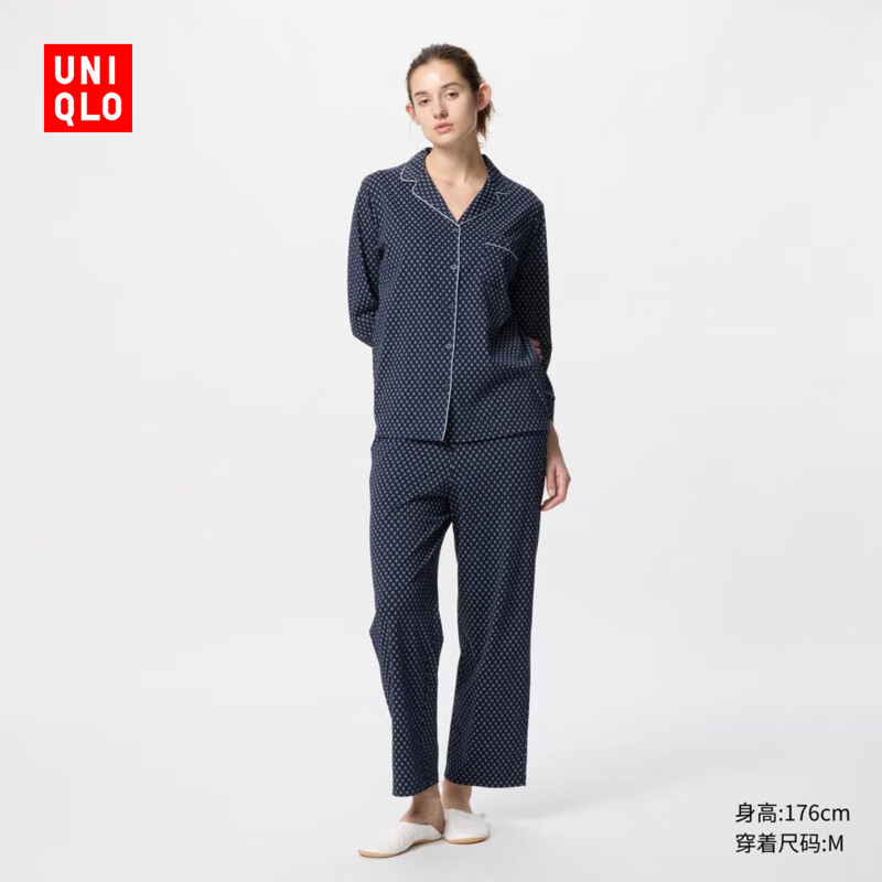 优衣库女装AIRism棉混纺睡衣/长袖家居起居服套装473795 69 藏青色 L /165/95