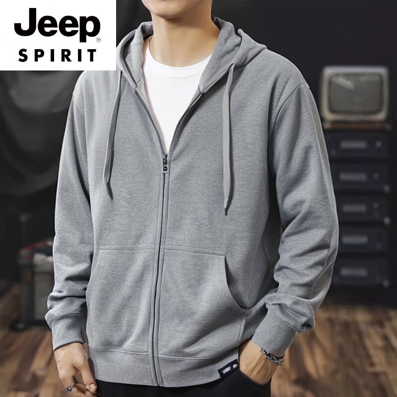 JEEP SPIRIT帽衫男春秋純色百搭外套寬松灰色開衫休閑運(yùn)動(dòng)連帽衛(wèi)衣拉鏈衫 灰色 M