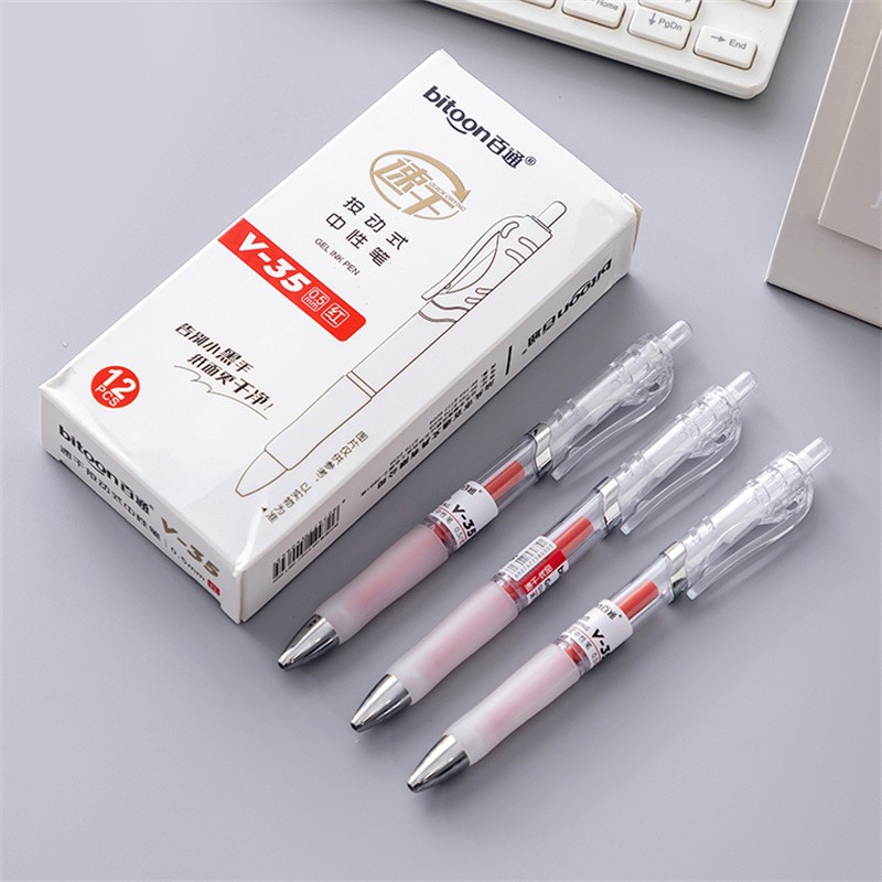 百通（bitoon） 百通按动笔0.5mm中性笔学生办公商务签字笔医生处方顺滑好写水笔 V35红色12支