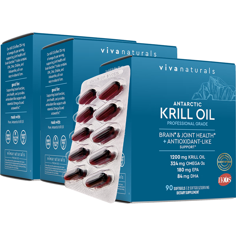 Viva Naturals進口omega3高濃度78%磷脂歐米伽3高含量蝦青素南極磷蝦油90粒3盒