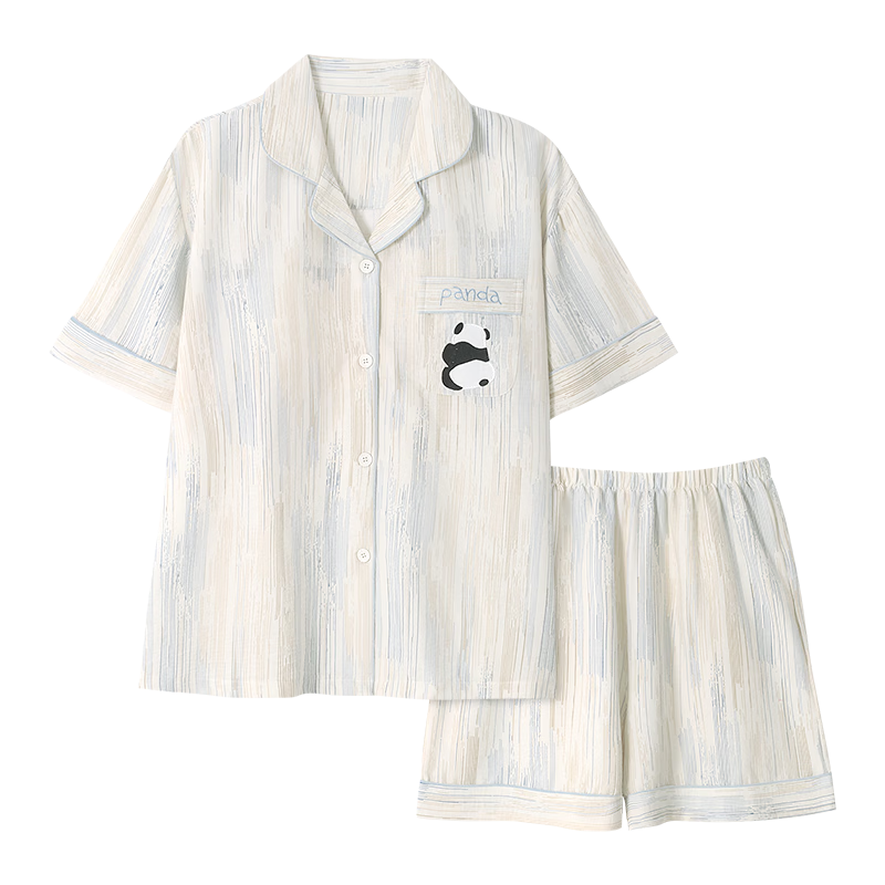 貓人 MiiOW睡衣女夏季2025年新款帶胸墊冰絲女士可外穿夏天家居服短袖套裝 彩藍(lán)條紋熊貓【兩件套帶胸墊】 XL 身高165-170cm/體重115-135斤