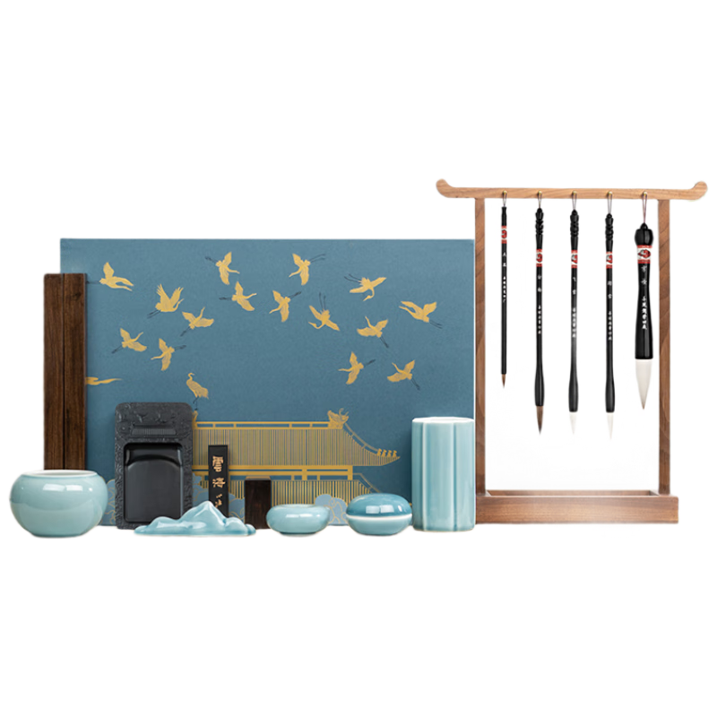 善璉湖筆 瑞鶴圖·飛鶴凌云 文房四寶套裝筆墨紙硯書法套裝高端毛筆硯臺墨條歙硯筆擱瓷器節(jié)日自用送禮禮盒