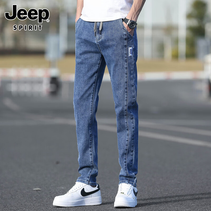 JEEP SPIRIT吉普松紧腰牛仔裤男士2025秋季新款潮牌纯色修身小脚休闲长裤子男 902磨白蓝 31