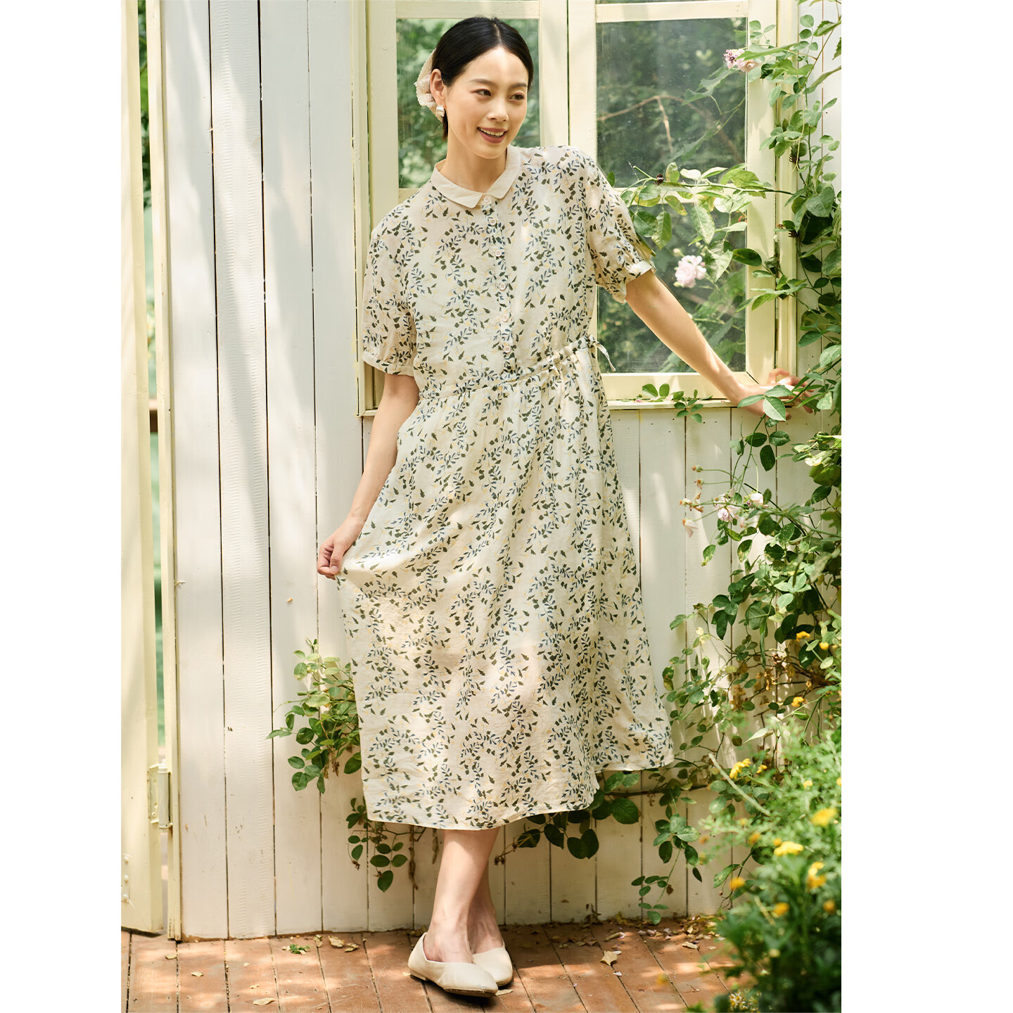 無(wú)色無(wú)味25年夏裝新品休閑舒適收腰顯瘦苧麻連衣裙裙子 女裝 米綠花 L （38）