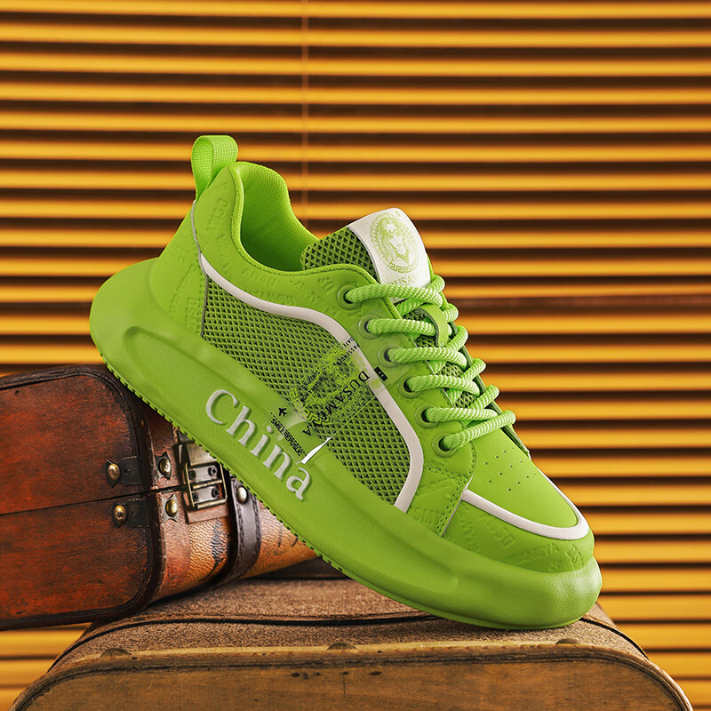 杜莎米娅夏季男鞋时尚透气网面鞋户外跑步运动鞋低帮增高厚底情侣休闲鞋 抹茶绿 4.5cm增高 44