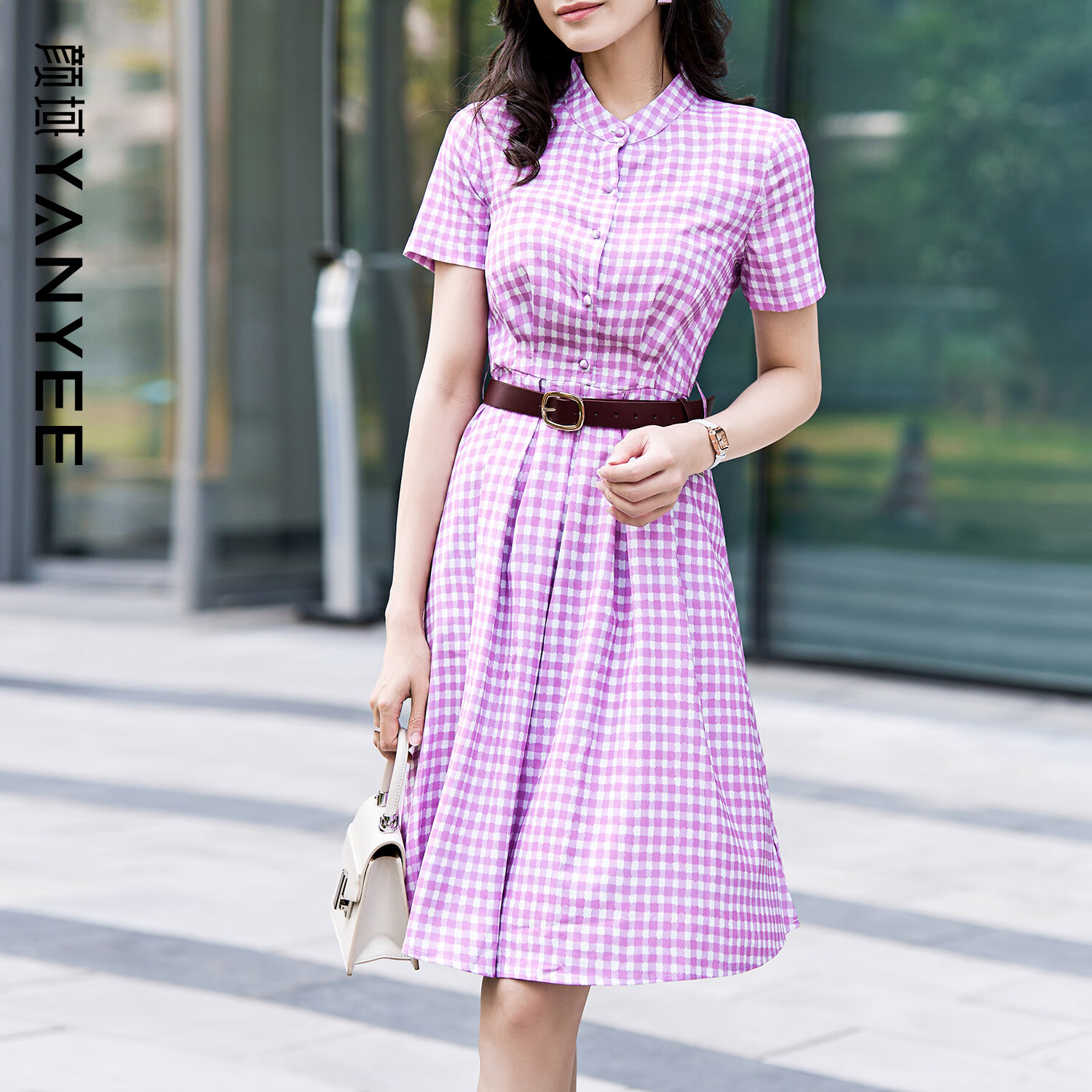 颜域优雅气质紫色连衣裙女士2025新款夏季通勤中长款格子短袖裙子 浅紫 L