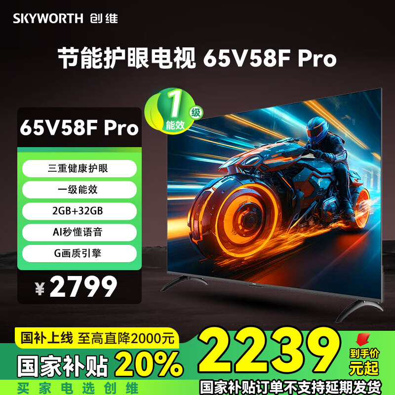 【限时特惠】Skyworth 65V58F Pro 超值省电护眼电视，现价仅 2799 元