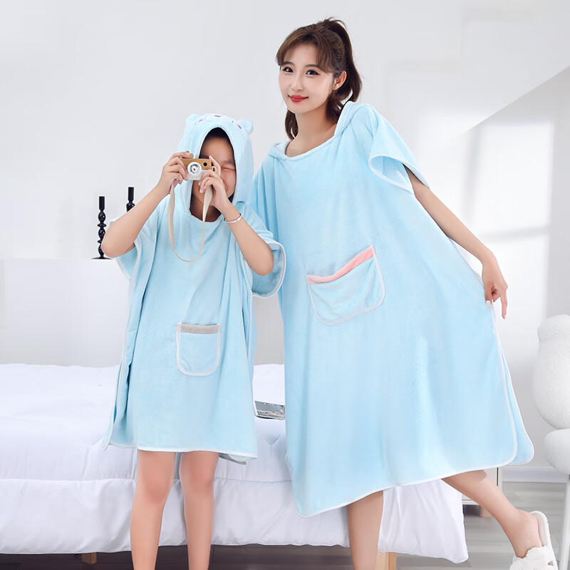 斜月三星斜月家用速干浴衣可穿浴巾披风珊瑚绒连帽家庭亲子套装斗篷 蓝色短袖浴衣 儿童均码【适合身高80-145cm】