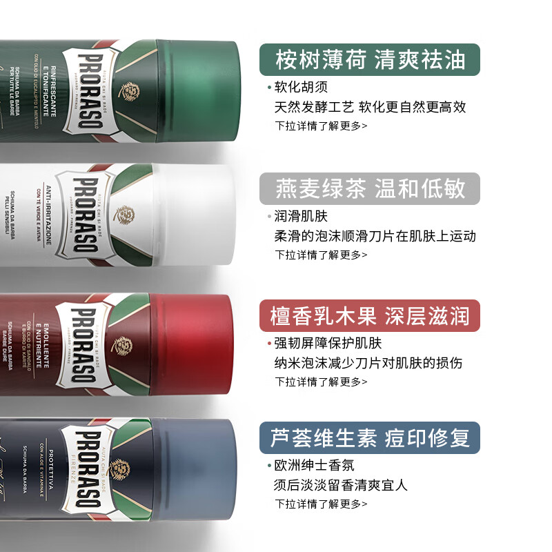 PRORASO博拉索檀香乳木剃須泡沫男士刮胡啫喱剃須膏軟化胡須300ML