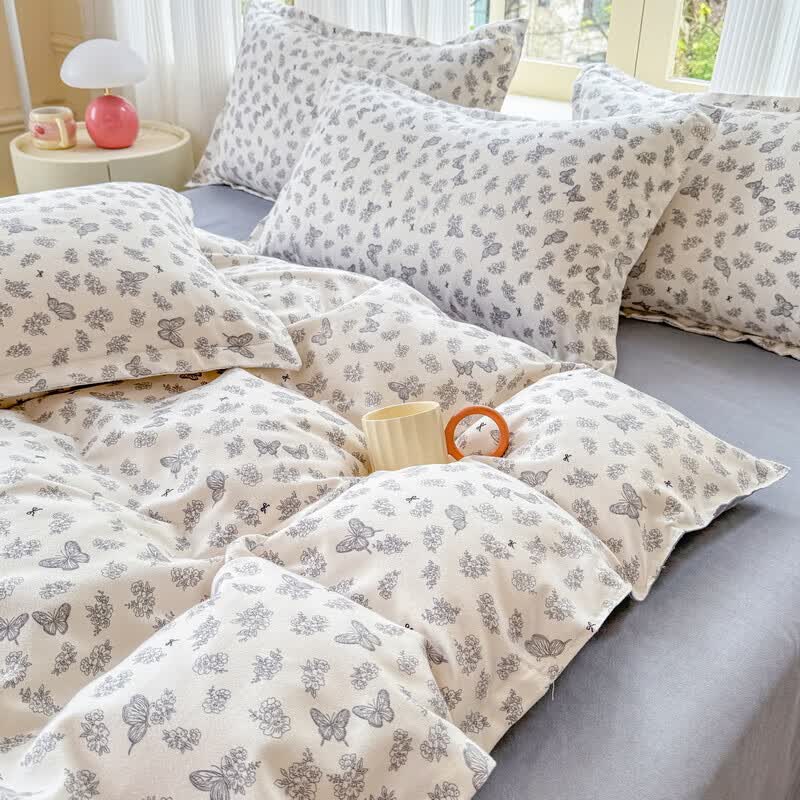 软贝 小清新四件套 透气亲肤 印花卡通简约田园套件被套床单床上用品 翩翩起舞 2.0m 床单款 四件套（被套200*230cm）