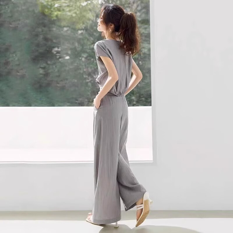 夏典素订女王（SE.PSTP）轻薄透气穿搭一整套女夏季时髦洋气宽松无袖上衣阔腿长裤两件套装 卡其色 【上衣+长裤】 S 建议【80-99斤】