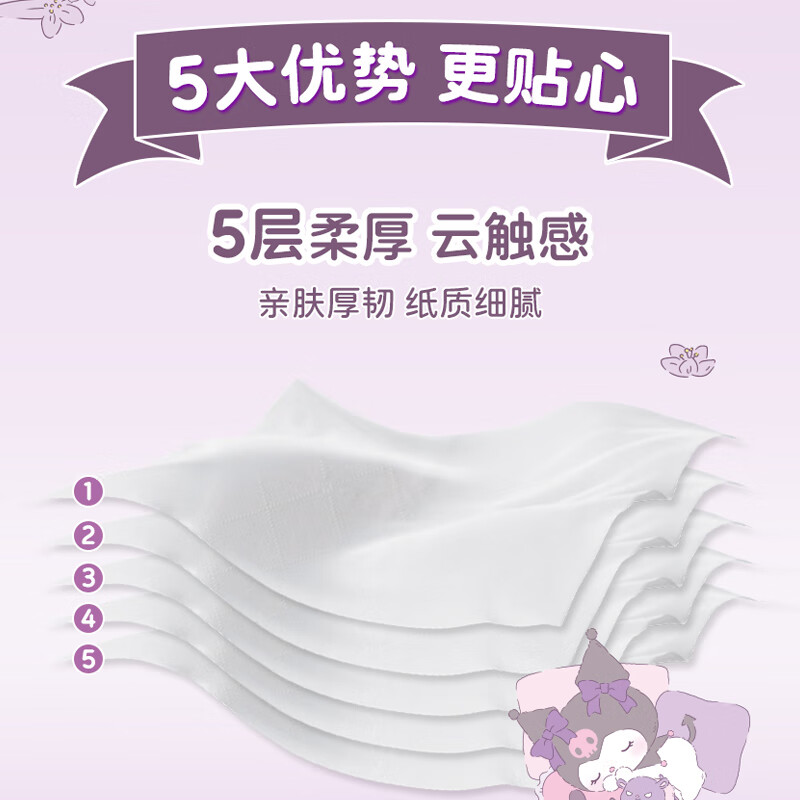 妮飘（Nepia）抽纸三丽鸥库洛米大规格加厚面巾纸家用箱装 5层 80抽*8包