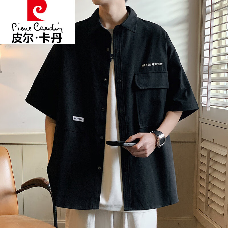 皮尔卡丹（pierre cardin）男士衬衫夹克春季高品质青年春夏帅气工装外套穿搭休闲薄款男装 黑色 M