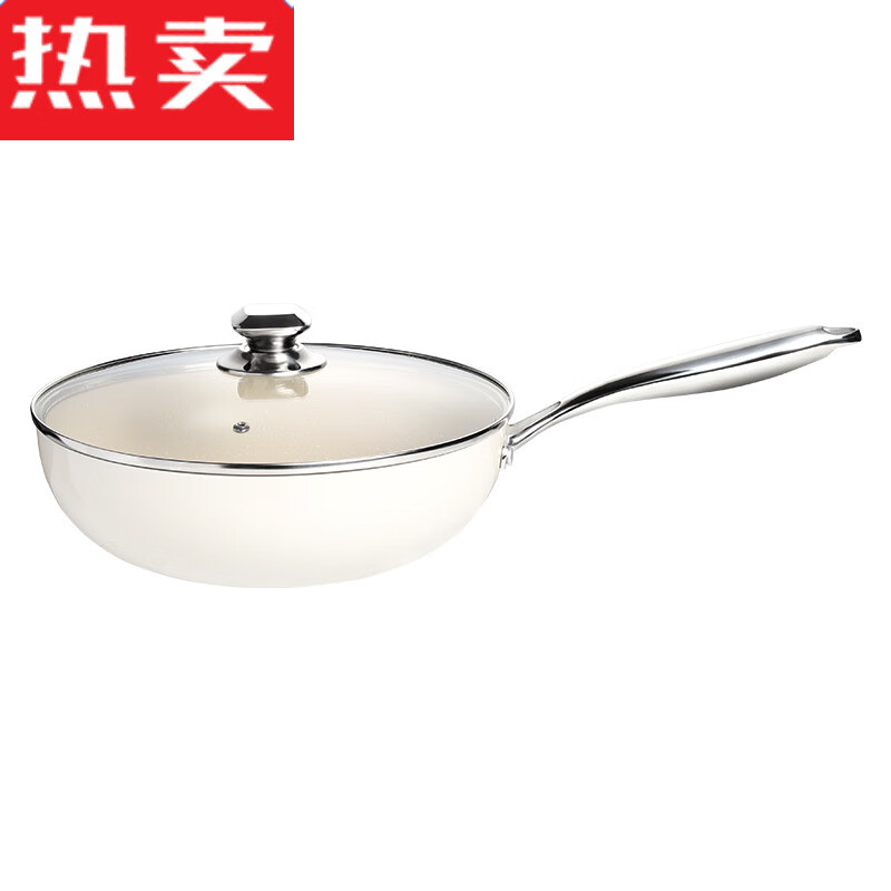 Count Qiabei日本进口品质厨食言陶瓷炒锅不易粘锅家用炒菜锅麦饭石平底深煎锅 陶瓷不粘炒锅(带玻璃盖) 28cm