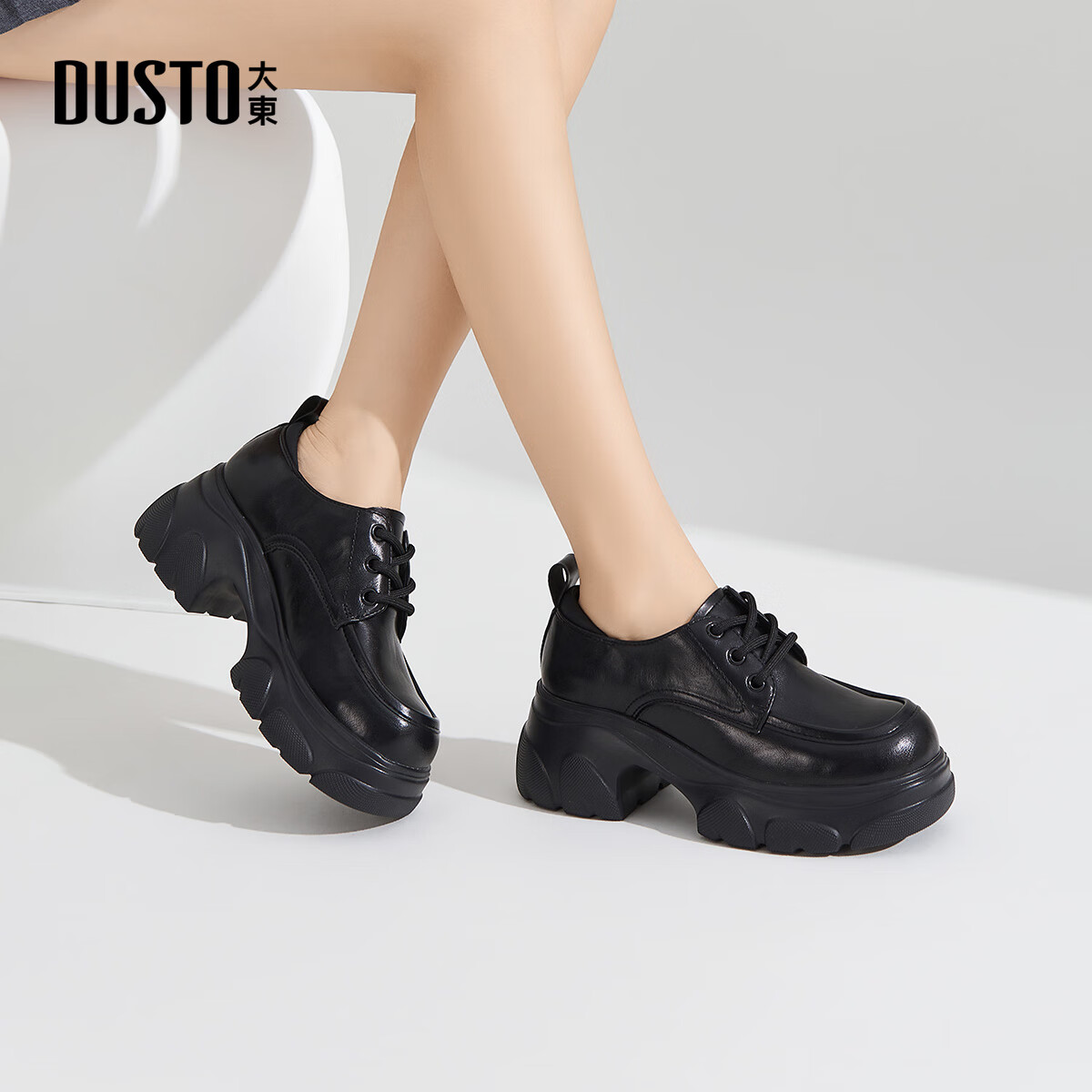 大东乐福鞋女2025年秋季新款时尚厚底增高系带单鞋1603 黑色 35