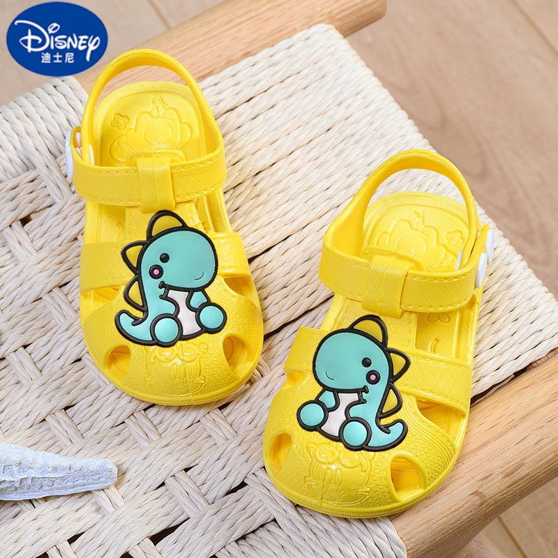 迪士尼（DISNEY）新款0-3岁夏季婴儿童包头凉鞋防滑防尿软底塑料幼儿园男女宝 黄色-A05小恐龙 内长14.5cm