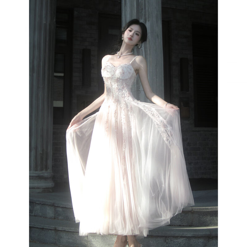 GJFD【海棠花颂】法式薄纱蕾丝粉色吊带连衣裙女高级感温柔气质仙女裙 海棠花颂 S