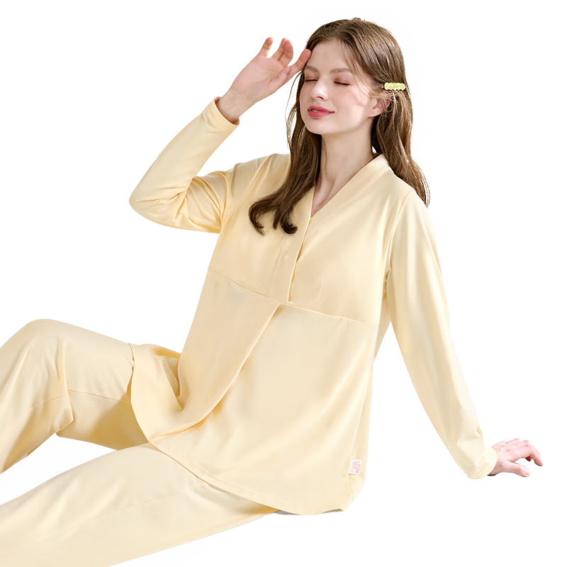 雅特茂1450月子服純秋冬季產(chǎn)后棉孕婦睡衣款產(chǎn)婦待產(chǎn)喂奶哺乳家居服 春夏款180g（送胸墊）奶酪色1450 L