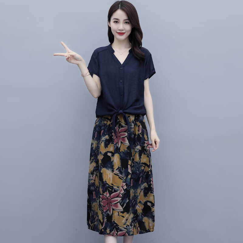 卡悠萊中年婦女夏季新款女裝連衣裙小個子棉麻套裝夏寬松半身裙亞麻兩件 藏青色+藏青色裙子 M適合90-115斤 均碼
