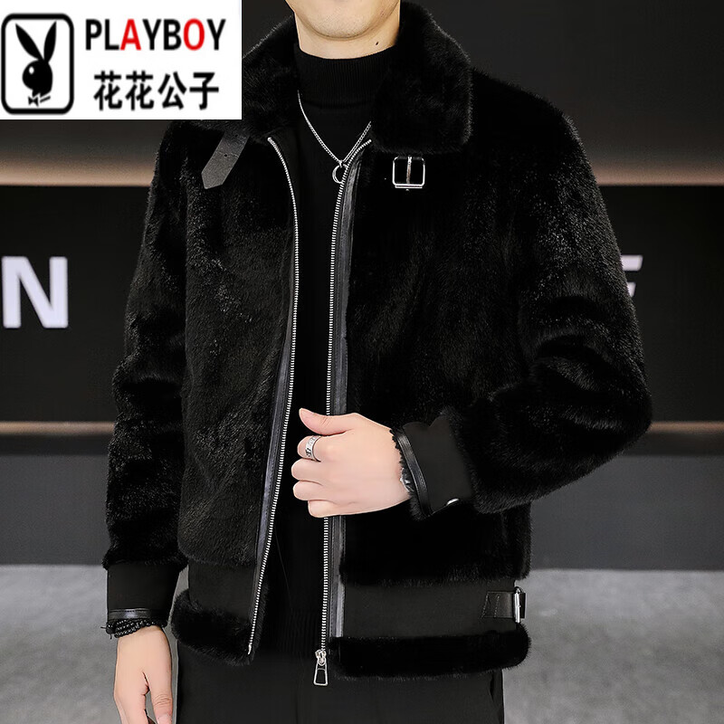 花花公子（PLAYBOY）皮毛一體貂皮外套男冬季外套翻領(lǐng)金貂毛皮衣加厚水貂絨大衣夾克男 黑色 M 【建議90-110斤】