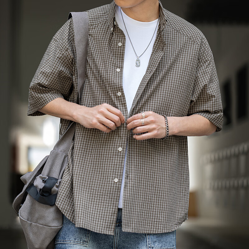 Mr.AIVY格纹短袖衬衫薄款蓝色纯棉休闲宽松半袖衬衣外套男夏 MRA男装  咖色 2XL