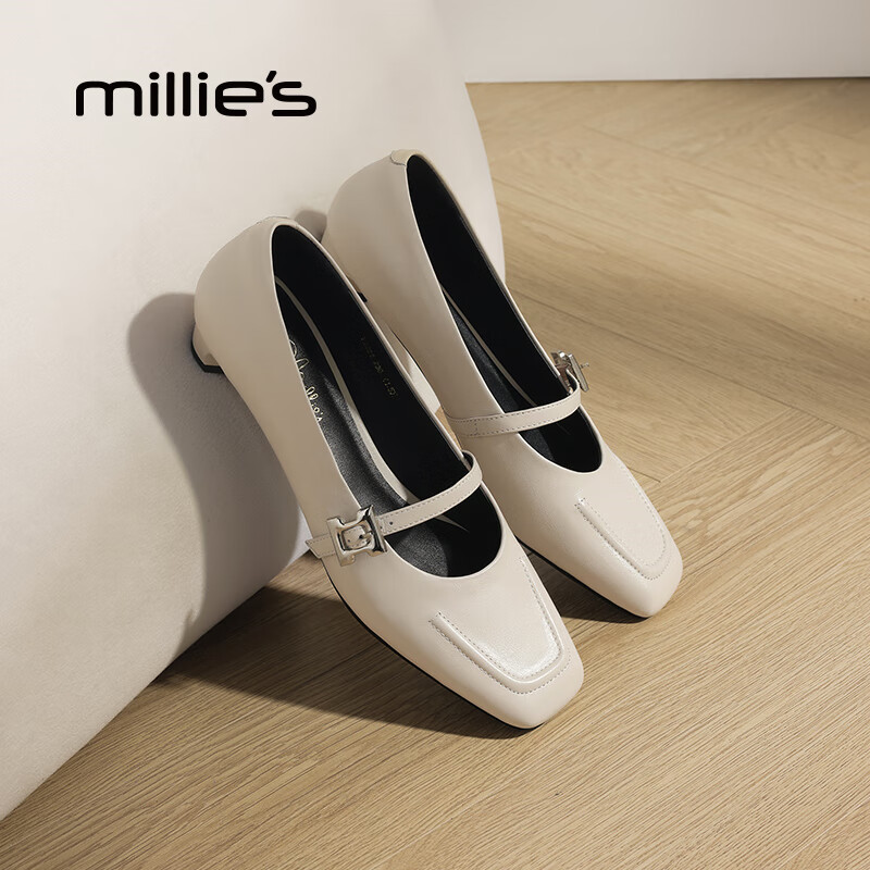 妙丽玛丽珍鞋女低跟真皮浅口时尚百搭2025夏季新款百搭通勤单鞋 米白 37 (235mm) 标准码