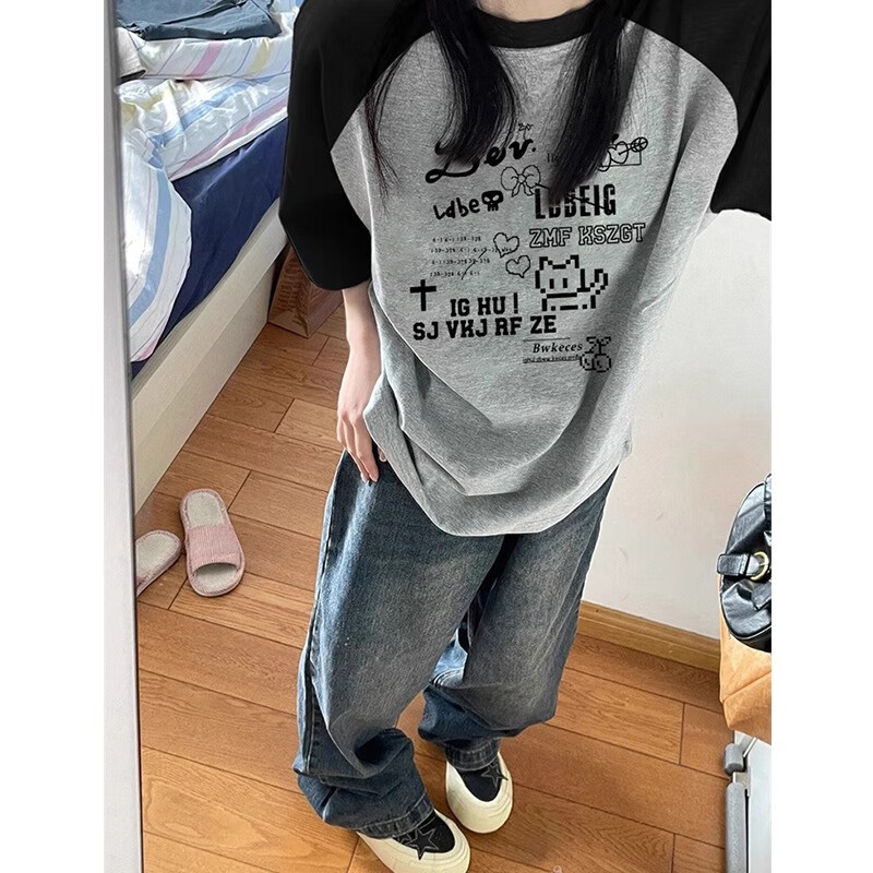 LDBE重磅纯棉短袖t恤女宽松美式复古狗狗印花慵懒风松弛感插肩袖上衣 黑拼花灰色 M 【100-120斤】