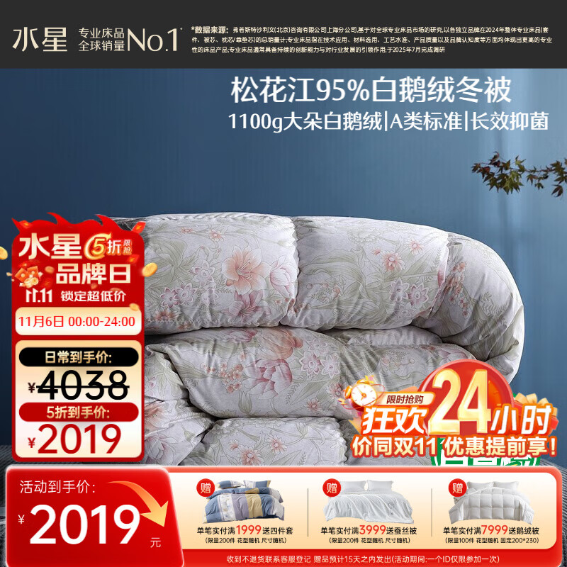 水星家纺羽绒被95%白鹅绒被子冬季加厚冬被芯双人羽绒被220cm×240cm