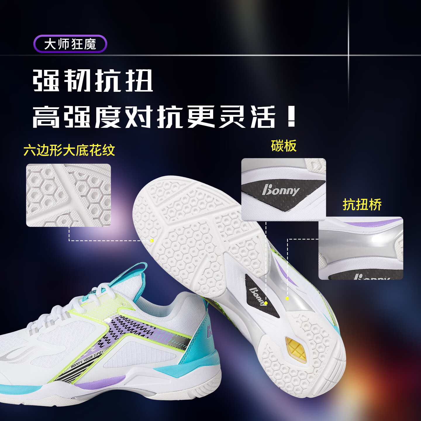 Bonny狂魔114羽毛球鞋男女款训练比赛鞋减震透气专业运动鞋子防滑耐磨 114蓝紫 1FWBYC114 46