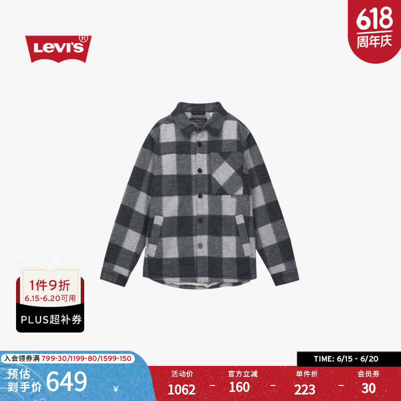Levi’s李維斯秋冬男士英倫風(fēng)復(fù)古格紋寬松襯衫領(lǐng)仿羊羔絨夾克外套 藍(lán)灰色 0017O-0001 M