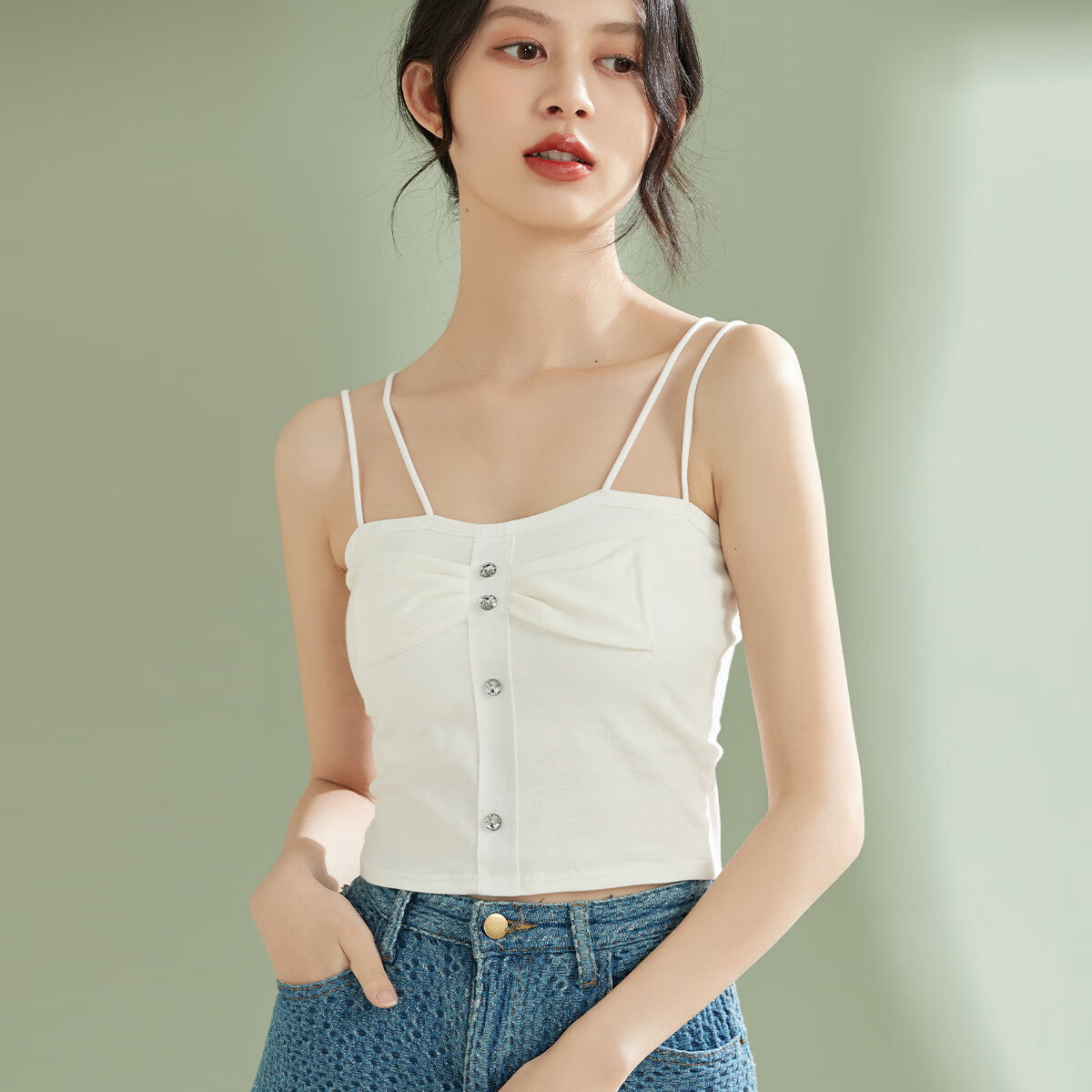 BYFORD百富夏季款纯色纽扣吊带背心女内搭外穿无袖带胸垫打底上衣BF0732 白色 均码