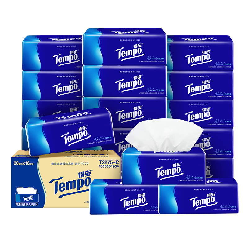 得宝软抽4层加厚经典无香可湿水餐巾纸90抽18包（新旧包装随机发货） 经典无香抽纸 4层 90抽*18包