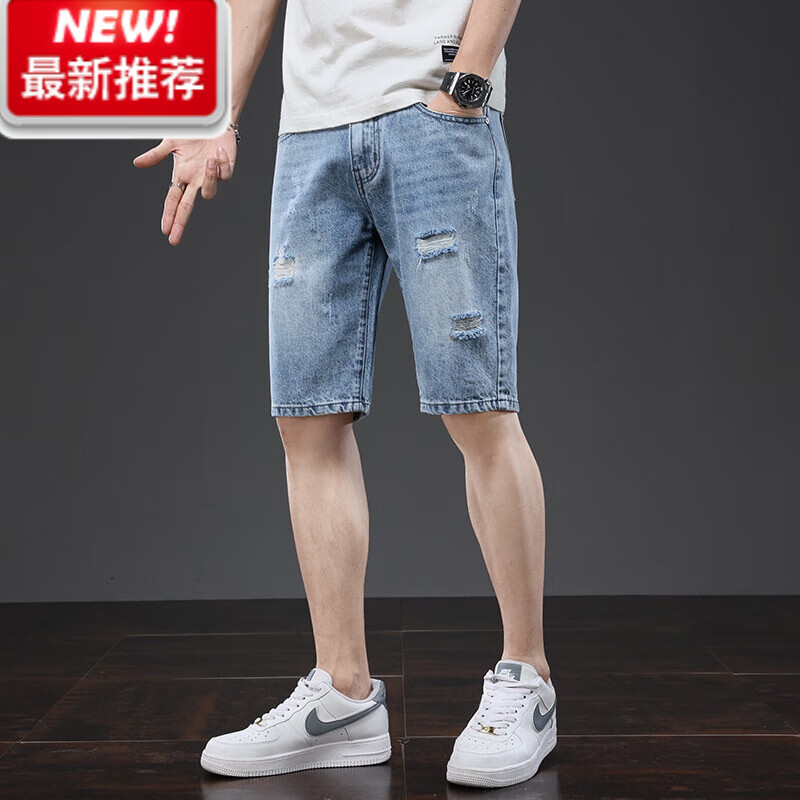 Lee dprre牛仔短褲男夏季薄款寬松七分韓版潮流馬褲破洞休閑潮牌五分中褲子 K705淺藍色 31 建議120-130斤