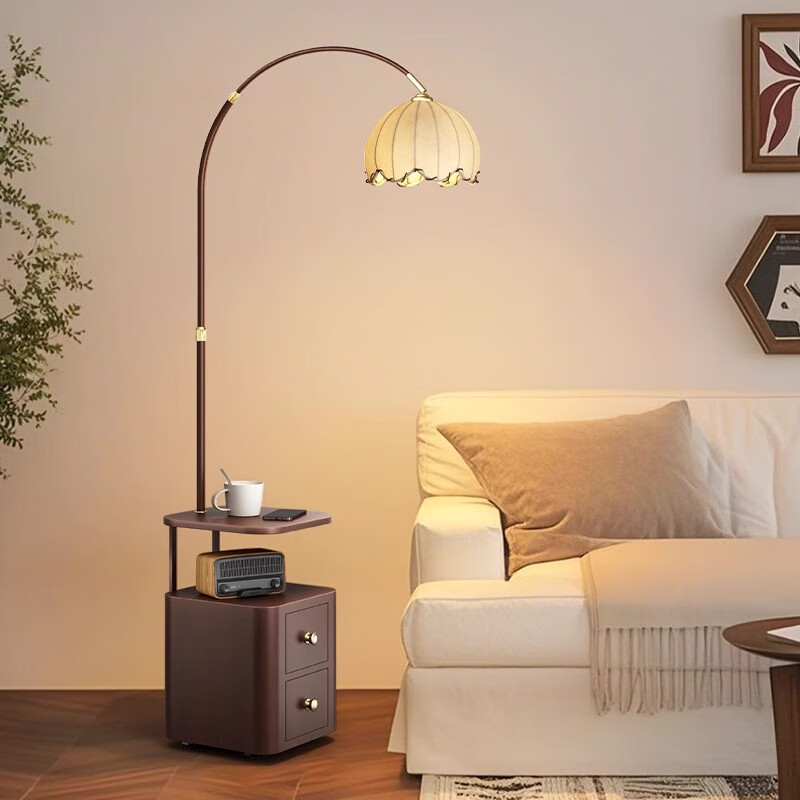 拾光記憶奶油風(fēng)釣魚(yú)燈落地燈客廳沙發(fā)臥室床頭燈柜一體無(wú)線(xiàn)充電立式臺燈 胡桃木色基礎款-暖光 12瓦全光譜led