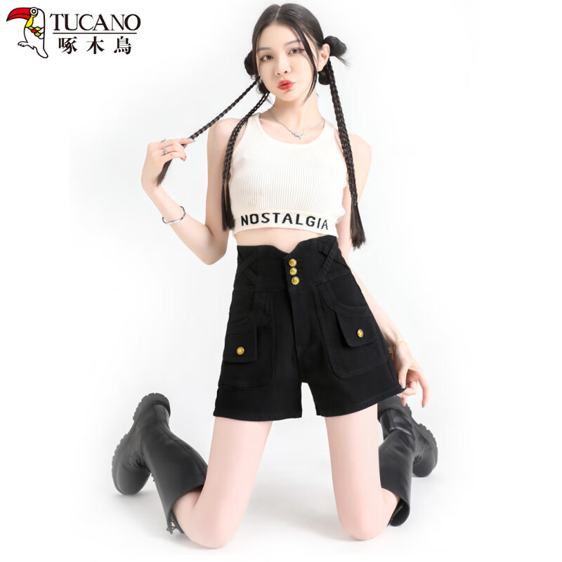 啄木鳥(niǎo)高腰復(fù)古排扣港味四分牛仔短褲女夏季新款薄款百搭修身顯瘦 黑色 25