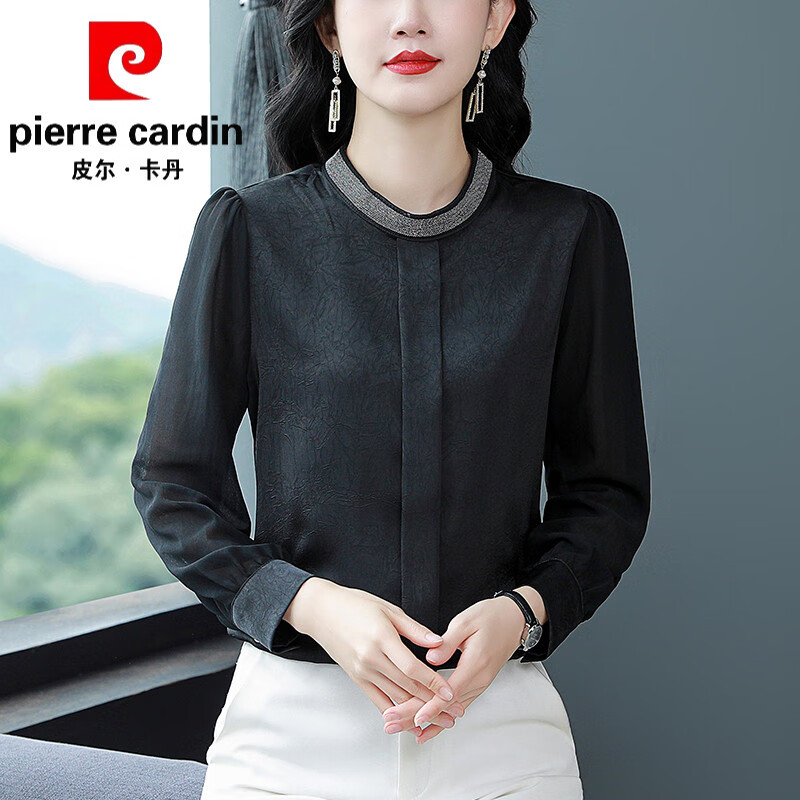皮尔卡丹(pierre cardin)高端品牌真丝衬衫女长袖早秋季新款重工烫钻立领衬衣春装感桑蚕丝 皮尔卡丹 安哥拉红 4XL (建议150-160斤)