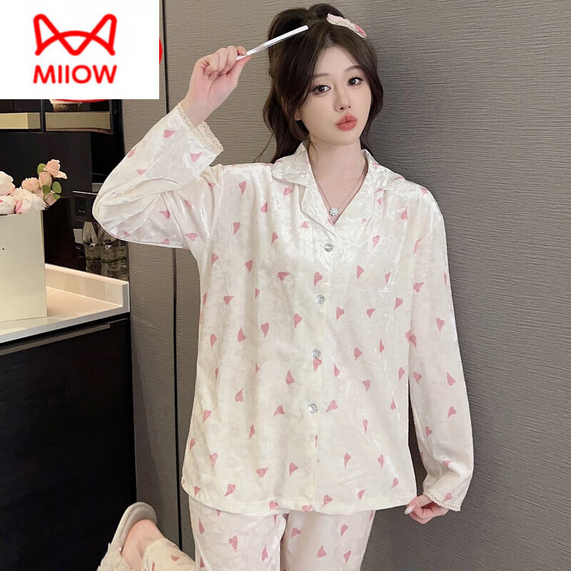 猫人（MiiOW）秋冬季长袖金丝绒睡衣女2026年新款可爱印花钻石绒家居服ins套装 HH-8906#爱心套装绒 M