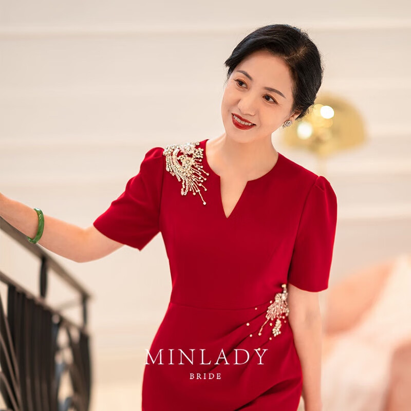 Rindu媽媽禮服婚宴高檔顯年輕小個子袍女方婚宴婚禮服可穿紅色喜服裙子 紅色 4XL 建議140-155斤