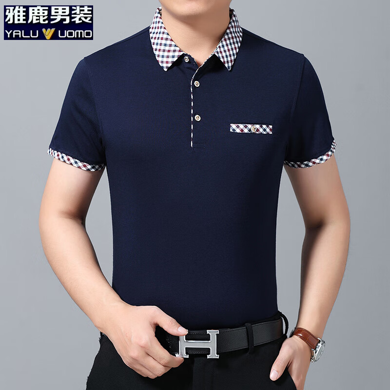 雅鹿男装短袖t恤男翻领夏季男士休闲纯棉真口袋爸爸装 上青 M /165（建议100-120斤）