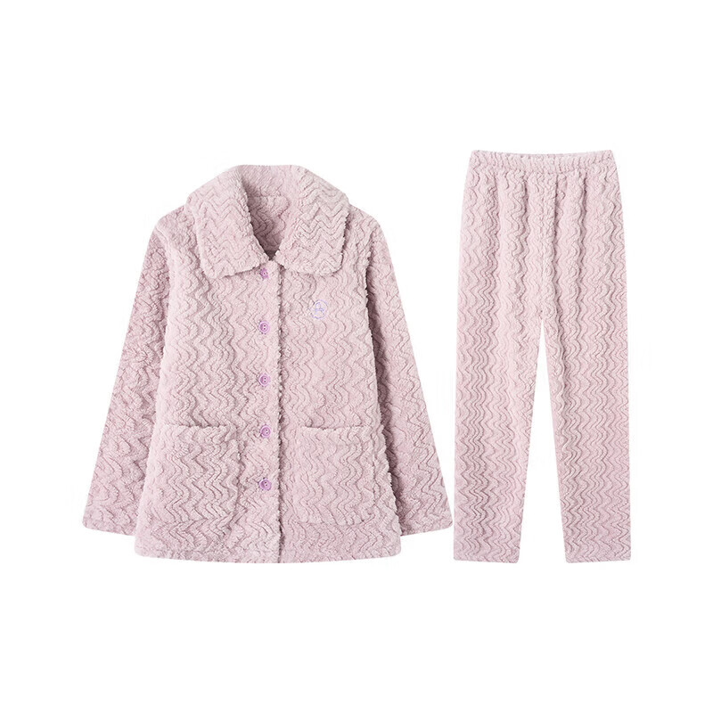芬腾睡衣女【加厚暖绒】秋冬季少女感保暖翻领开衫长袖家居服套装 香芋紫 L