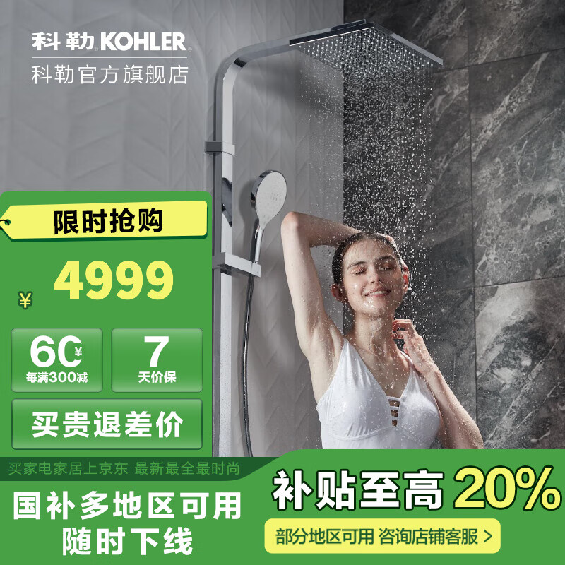 科勒淋浴花洒艾贝灵控恒温双花洒淋浴柱卫生间龙头洗澡花洒龙头 23861T-9-CP（三出水）