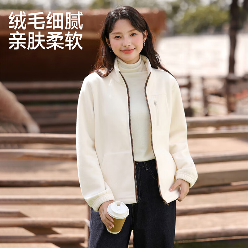 班尼路（Baleno）立领宽松摇粒绒外套女装2025年秋冬季新款轻盈保暖休闲百搭上衣服 黑#纯色 L