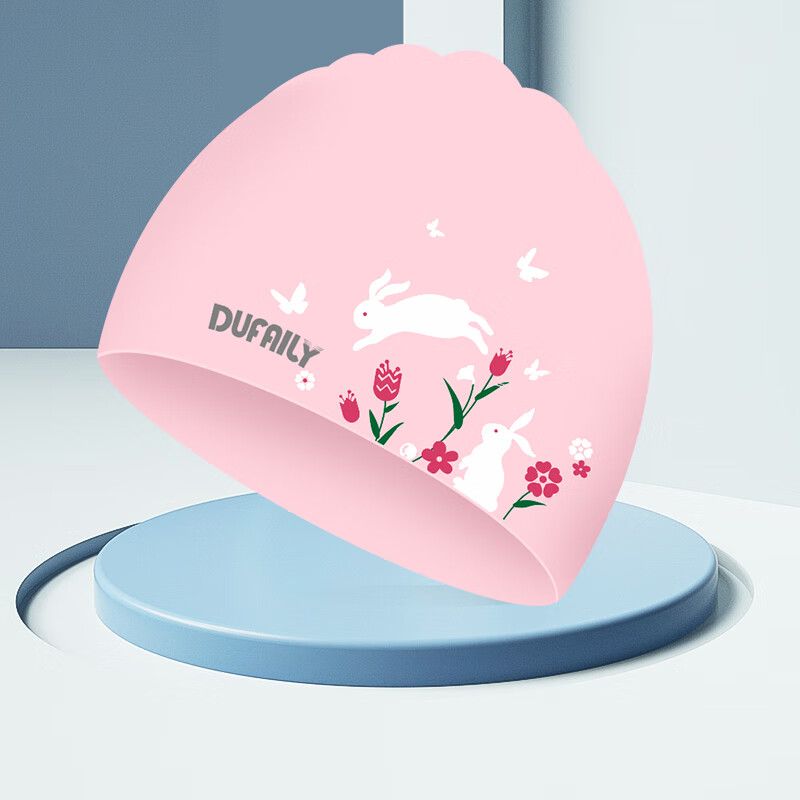 朵梵林（duofanlin）兒童泳帽女童長發(fā)防水不勒頭護耳印花硅膠加大尺寸可愛游泳帽泳鏡 花與兔粉【加大硅膠帽6-18歲】