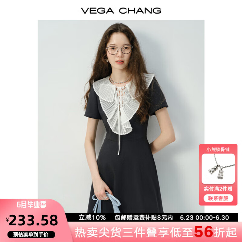 VEGA CHANG短袖连衣裙女2025新款夏季黑白撞色百褶领收腰设计短裙 赫本黑 L