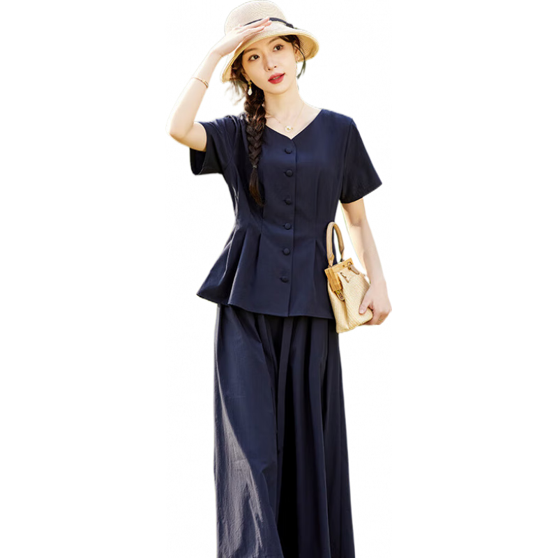 皮爾卡丹（pierre cardin）職業(yè)棉麻套裝女夏季2025新款氣質(zhì)時(shí)尚闊腿裙褲亞麻兩件套洋氣針織 藏青色 L