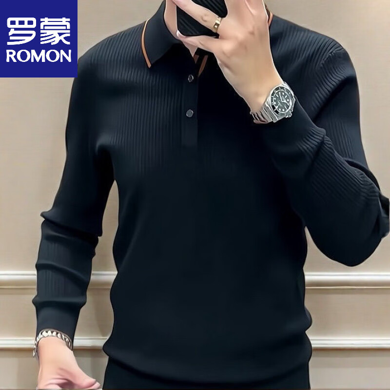 罗蒙（ROMON）秋冬新款男士长袖翻领针织衫时尚轻奢商务休闲百搭毛衣polo.衫衫 黑色【时尚】 2XL 【建议150-170斤】