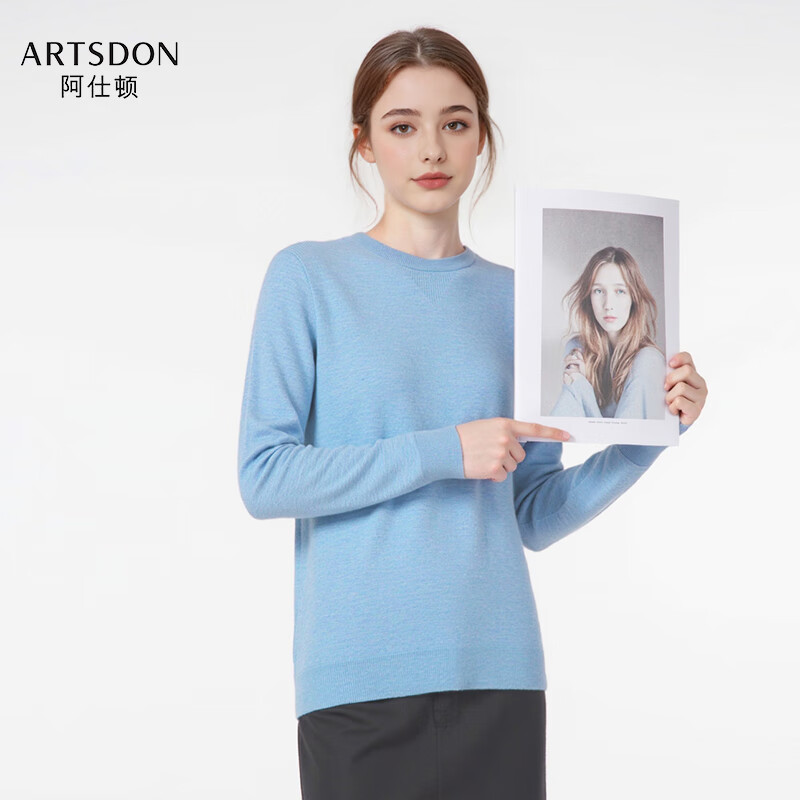 阿仕顿（ARTSDON）2025季节新款女士时尚简约纯色百搭舒适圆领针织衫 蓝灰 M 推荐80-110斤