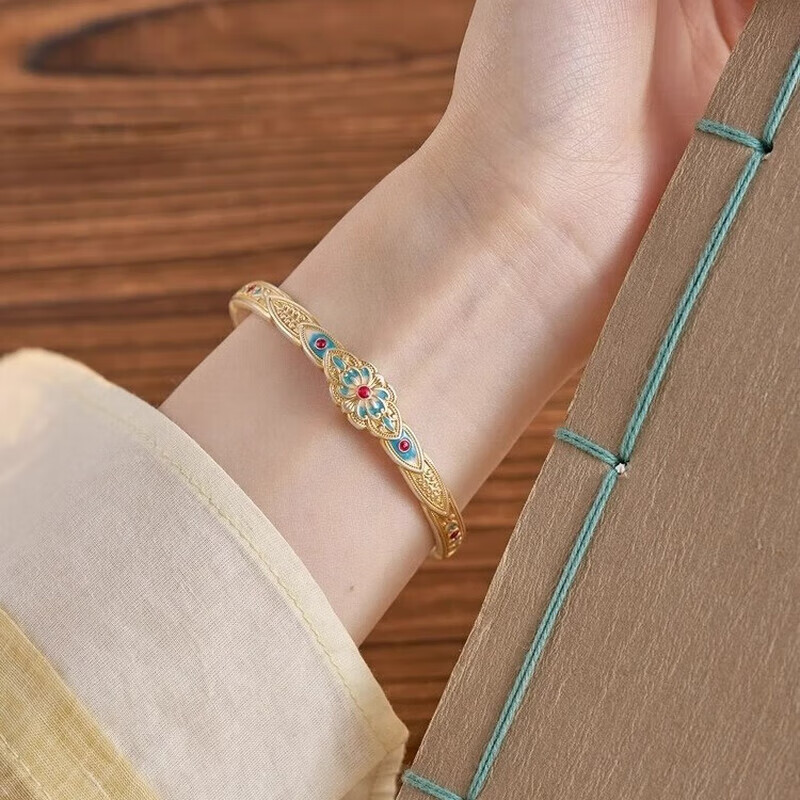 纯银唐草纹手镯女9999实心足银镯子中式民族风复古传承手环 中式宫廷银手镯丨25礼盒丨证书